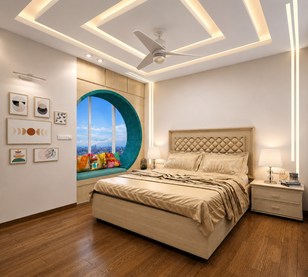 Small bedroom interior design with polished laminate wardrobe and mood lighting