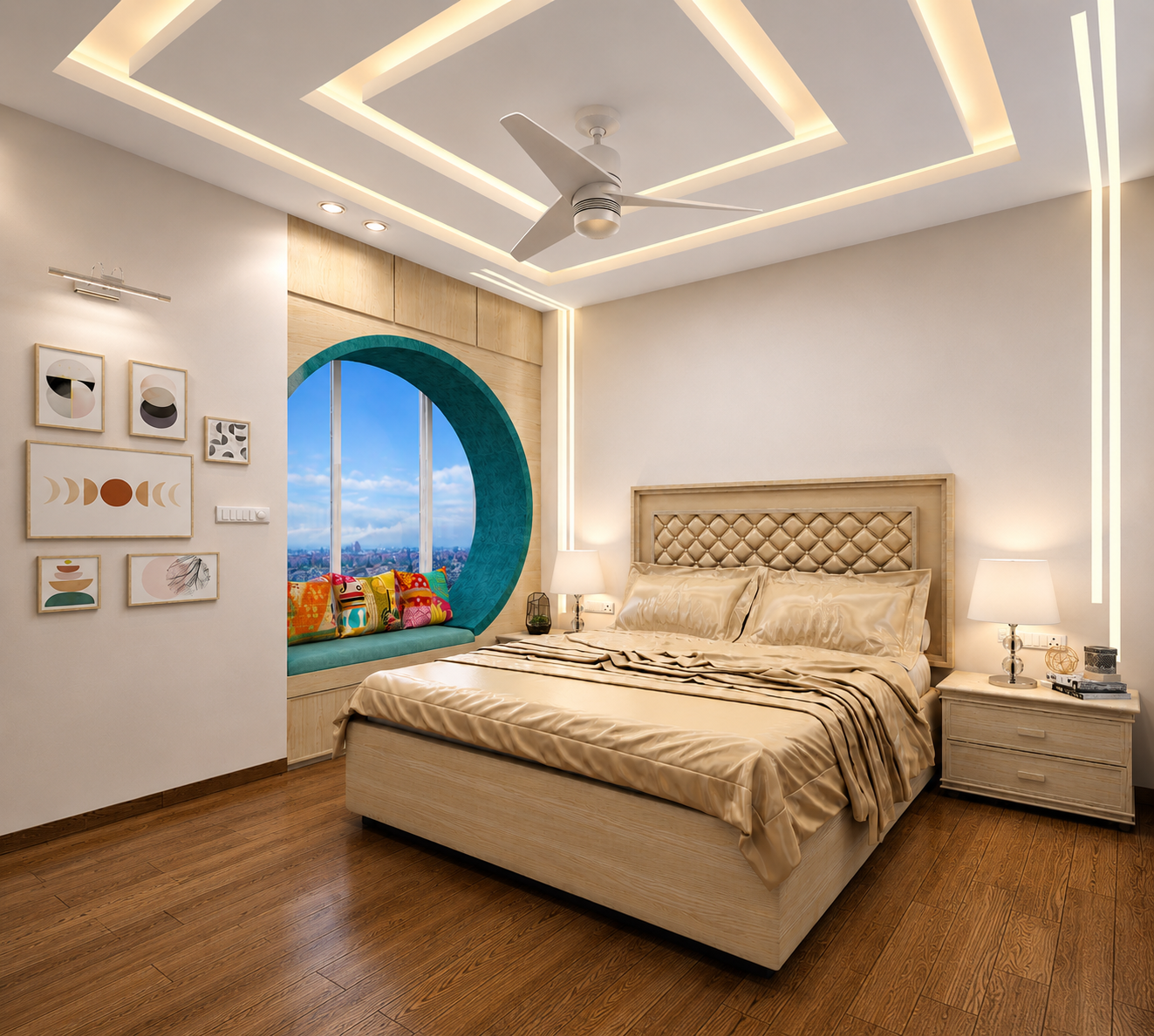 Small bedroom interior design with polished laminate wardrobe and mood lighting